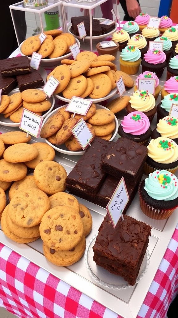 An enticing selection of baked cookies, brownies, and cupcakes arranged on a table for a bake sale.